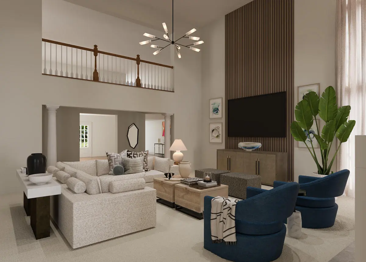 Living room with sectional sofa, blue chairs, coffee table, console table, and large plant near window