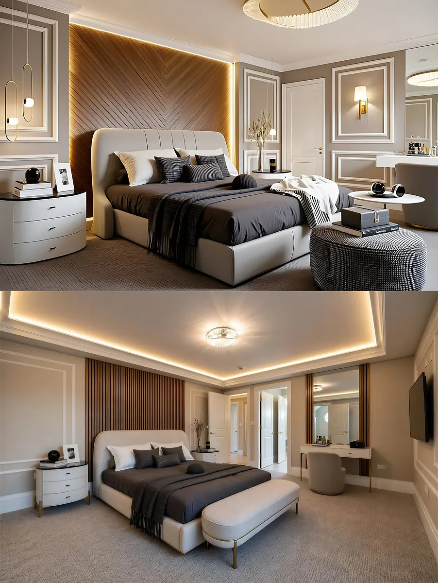Bedroom with beige upholstered bed, gray bedding, nightstands, ottoman, and vanity with mirrors.