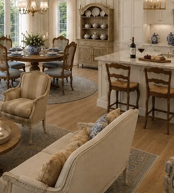 Dining room with round wooden table, chairs, sideboard, rugs, and large windows for natural light.