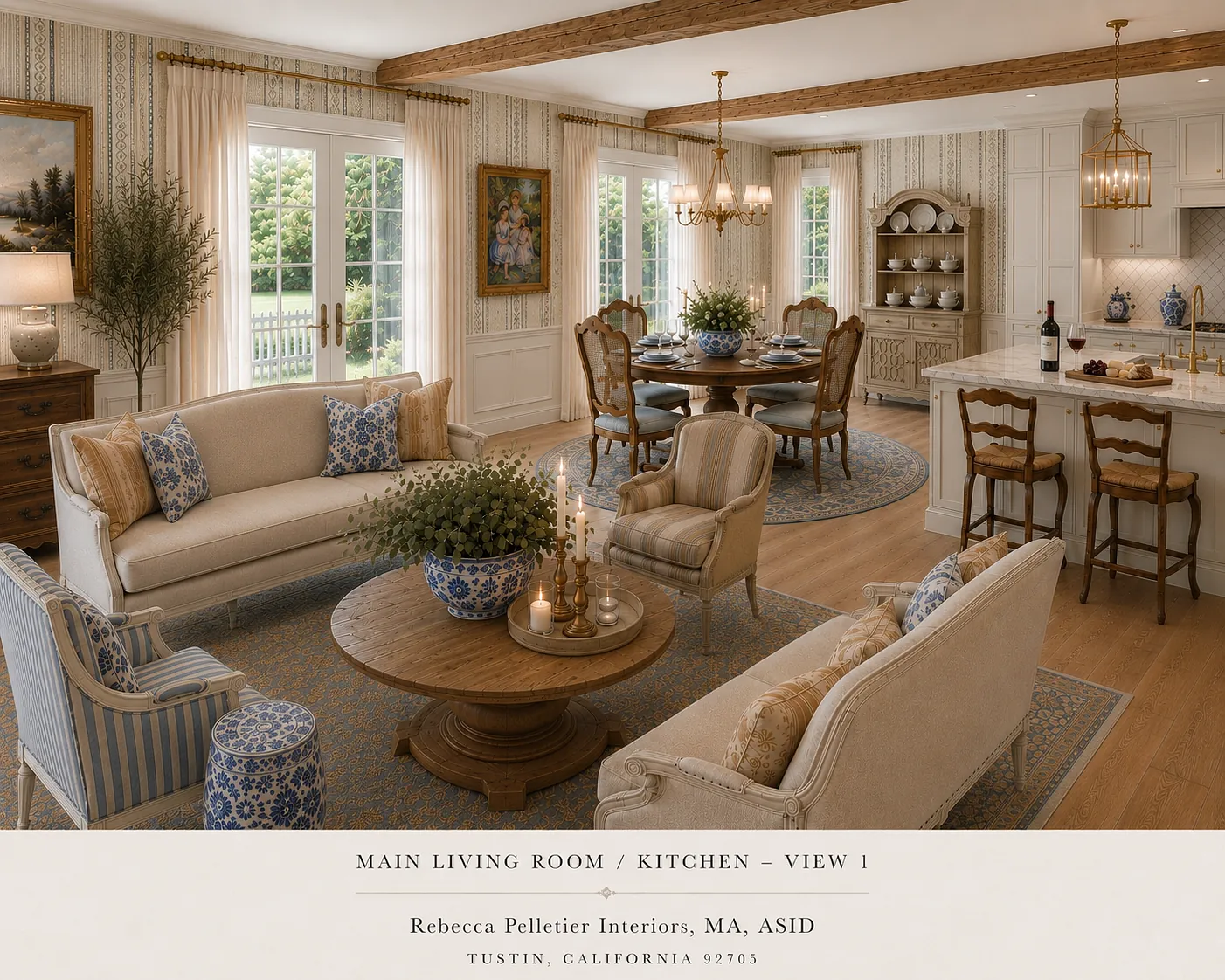 Living room with sofas, coffee table, area rug, large windows, wooden beams, and a dining area.