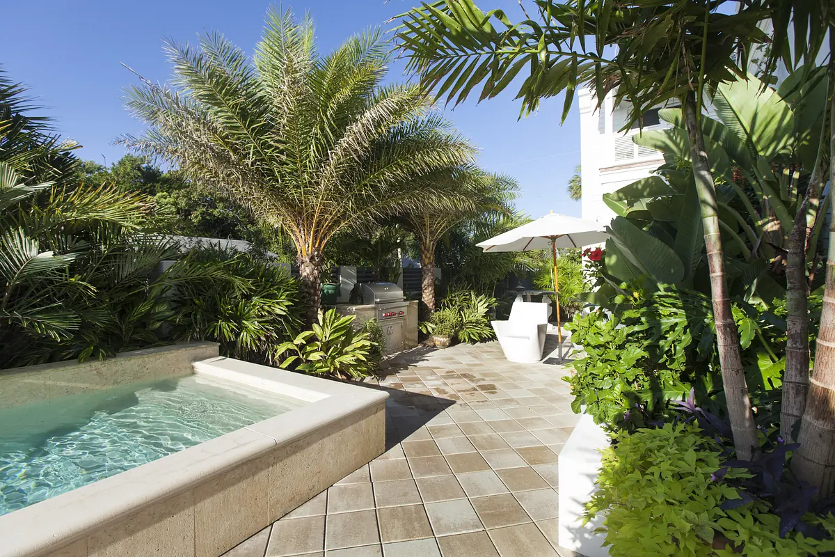 Patio with swimming pool, palm trees, tiled flooring, outdoor umbrella, and lounge chair.