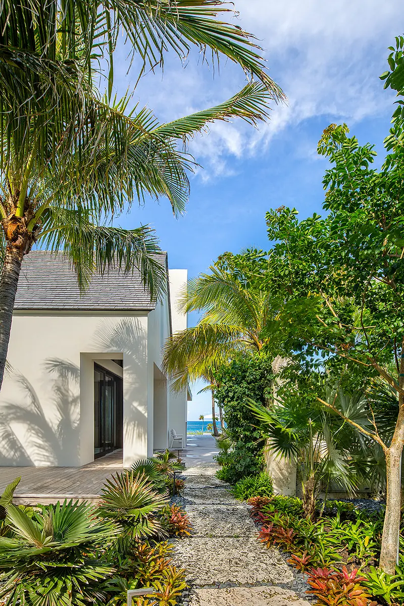 Exterior front view with a stone pathway, tropical plants, palm trees, and an ocean view.