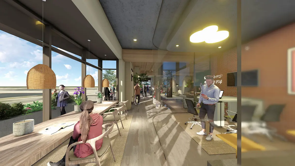 Office space with large windows, wooden flooring, workstations, decorative plants, and meeting areas.