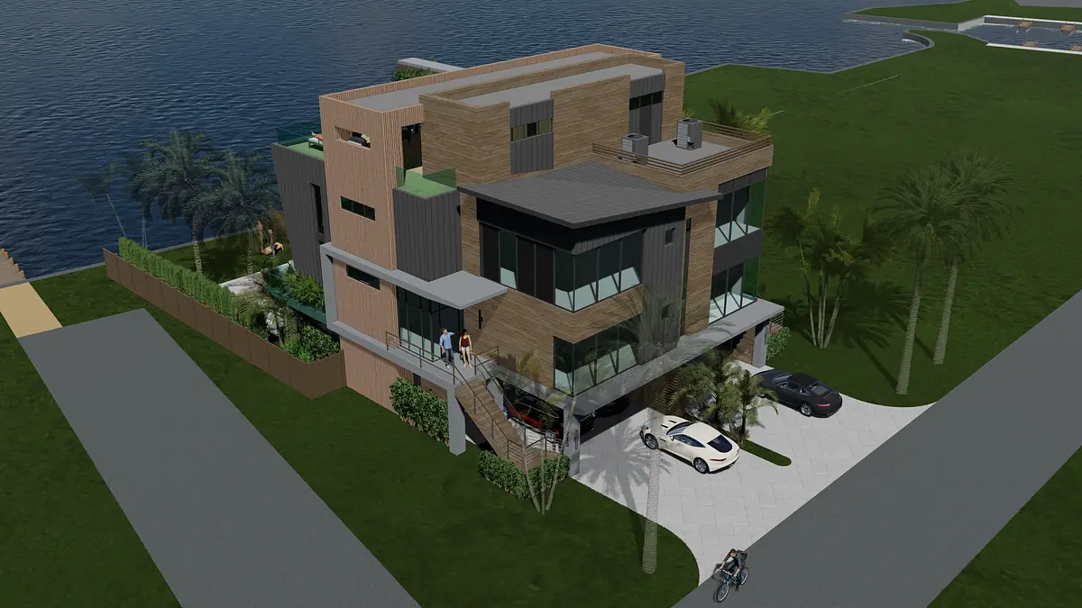 Exterior view of a modern three-story house with wood, glass, and a landscaped front yard.