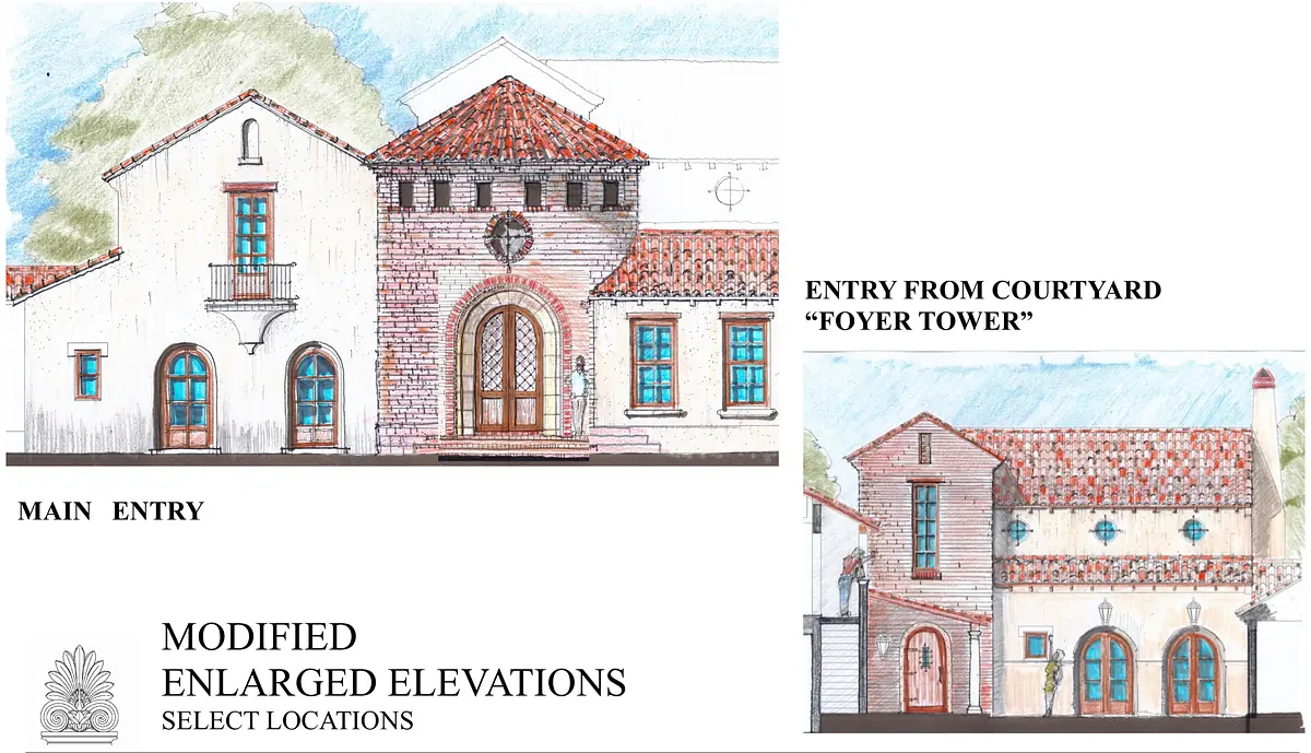 Exterior front view of a house with red-tiled roof, arched windows, main entry, and balcony.