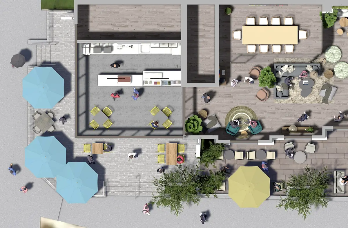 Outdoor deck with lounge chairs, dining table, bar area, umbrellas, and potted plants in distinct sections.