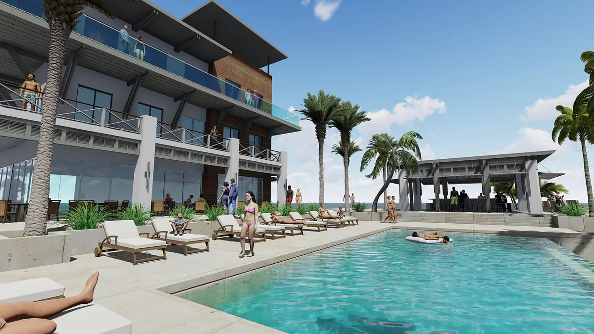 Outdoor area with swimming pool, lounge chairs, palm trees, and covered pergola with a multi-story building backdrop.