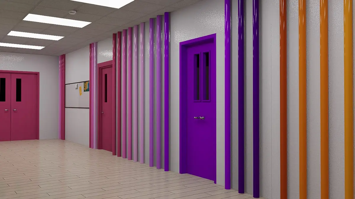 Hallway with purple and pink striped walls, pink and purple doors, and tiled flooring