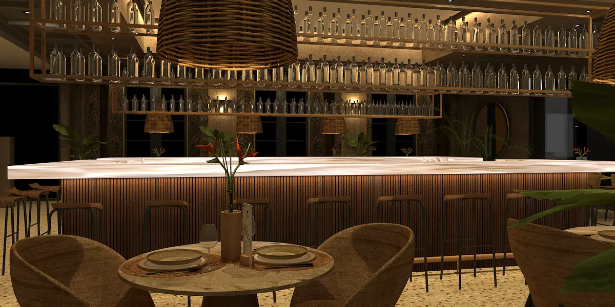 Bar area with white countertop, wooden shelves, stools, round tables, and plants on light-colored tile floor.