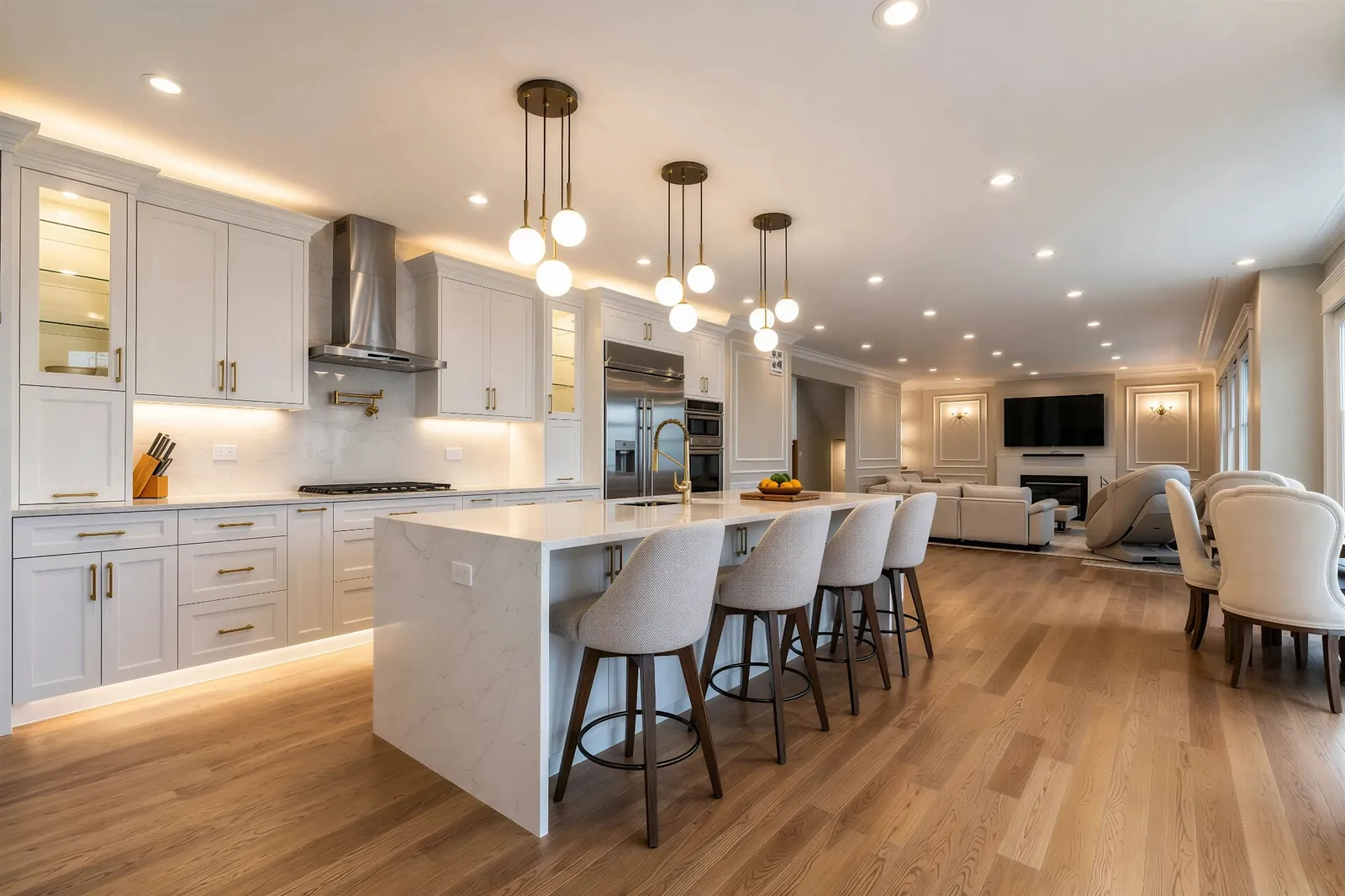 Kitchen with white cabinetry, large island, stainless steel appliances, and light hardwood flooring.