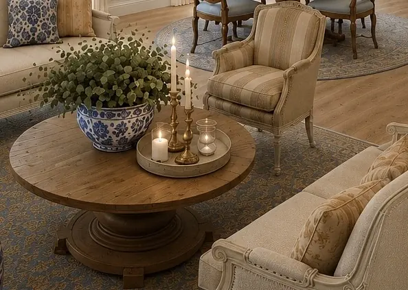 Living room with round wooden coffee table, upholstered armchair, white sofa, and decorative elements.
