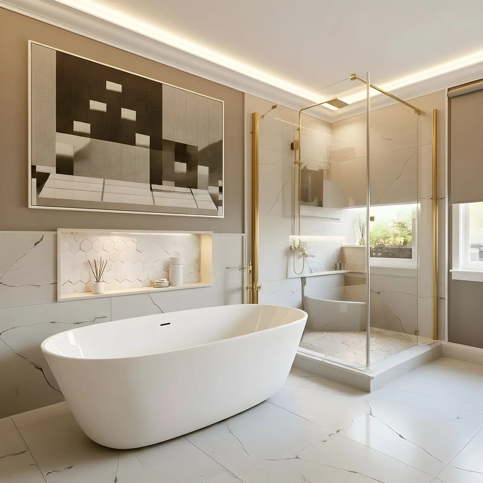 Bathroom with freestanding white bathtub, glass shower, recessed shelf, and marble tile flooring.