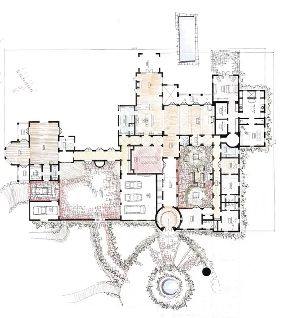 Residential floor plan with various rooms, furniture layout, and outdoor spaces indicated.