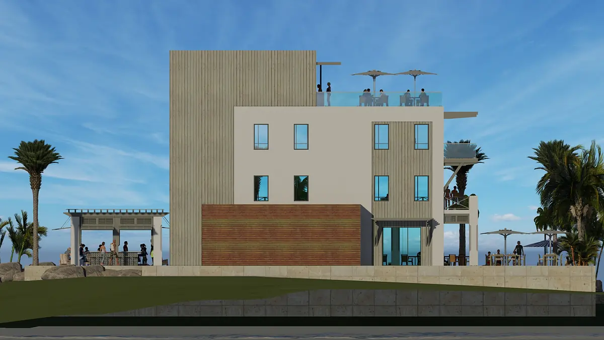 Modern building with wood paneling, concrete, large windows, terraces, and landscaped areas with palm trees.