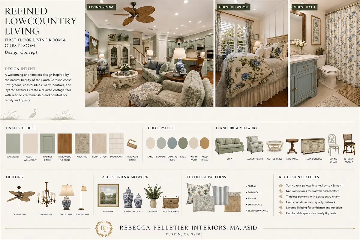 Living room with light-colored sofa, blue armchair, coffee table, area rug, large windows, and floral decor.