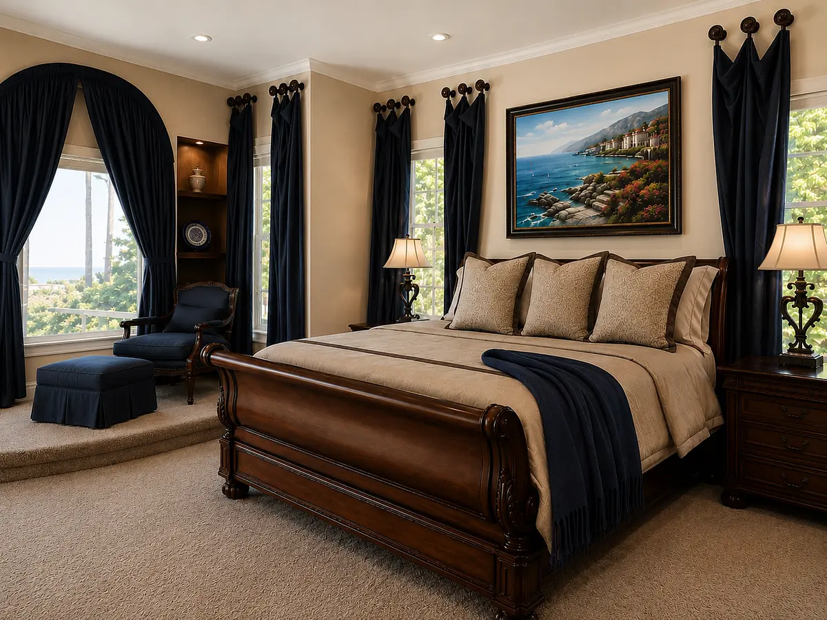 Bedroom with wooden sleigh bed, beige bedding, nightstands, lamps, and large windows with dark curtains.