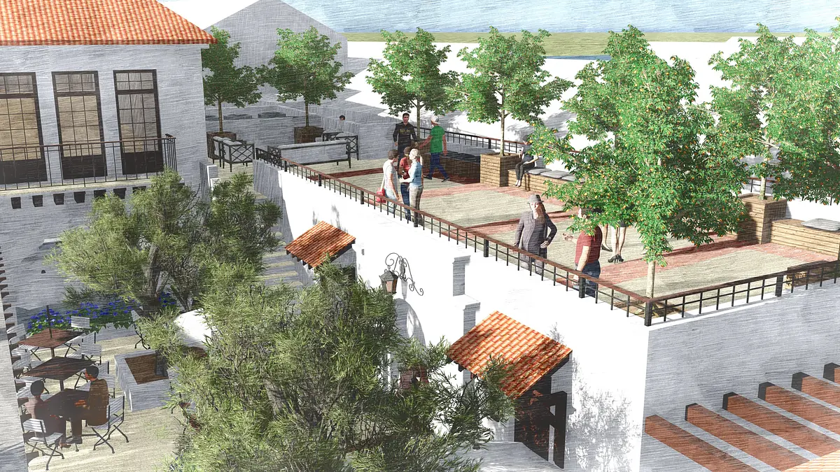 Deck area with wooden surface, potted trees, people, and background buildings with balconies.