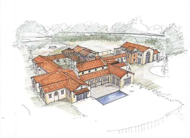 Sketch of a residential building with interconnected structures and a central pool area.