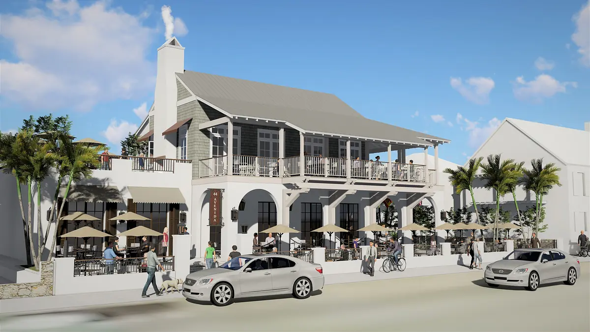 Exterior front view of building with porch, large windows, outdoor seating, and palm trees.