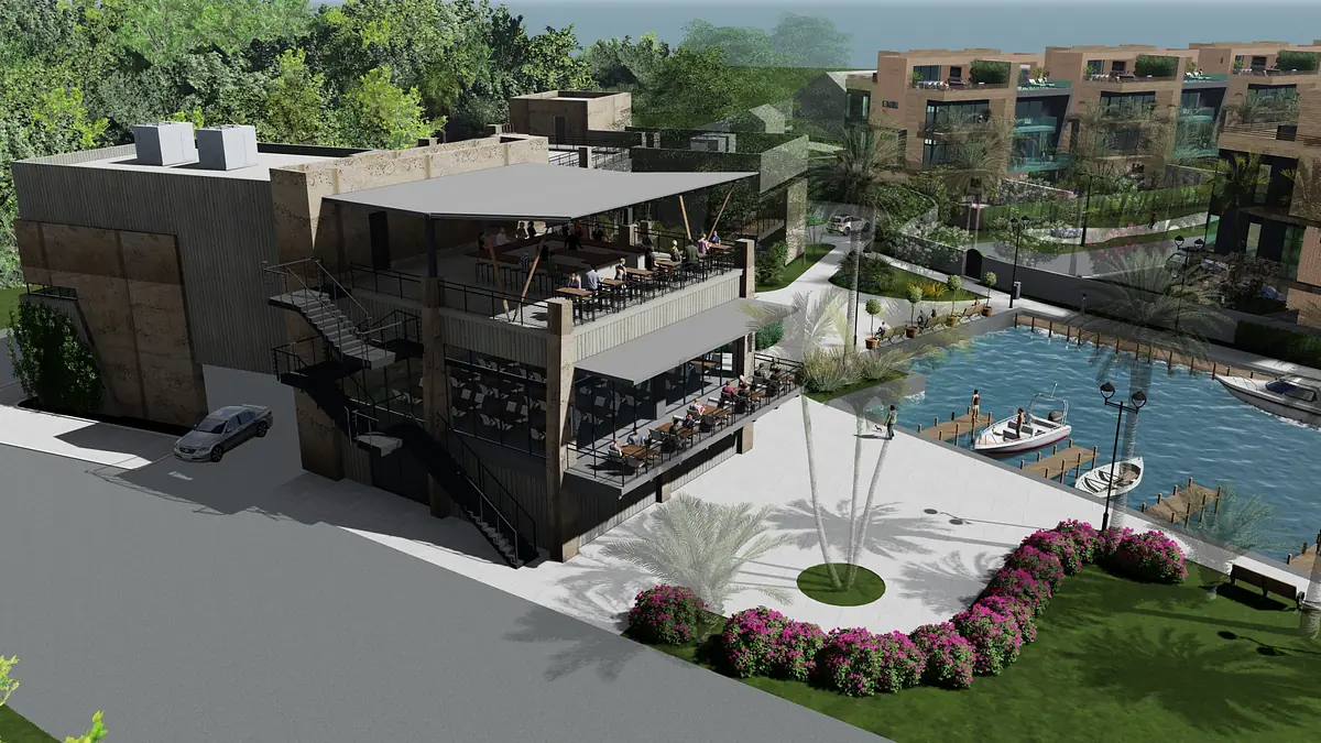 Outdoor area with multi-level building, pool, terraces, and landscaped gardens with flower beds and palm trees.
