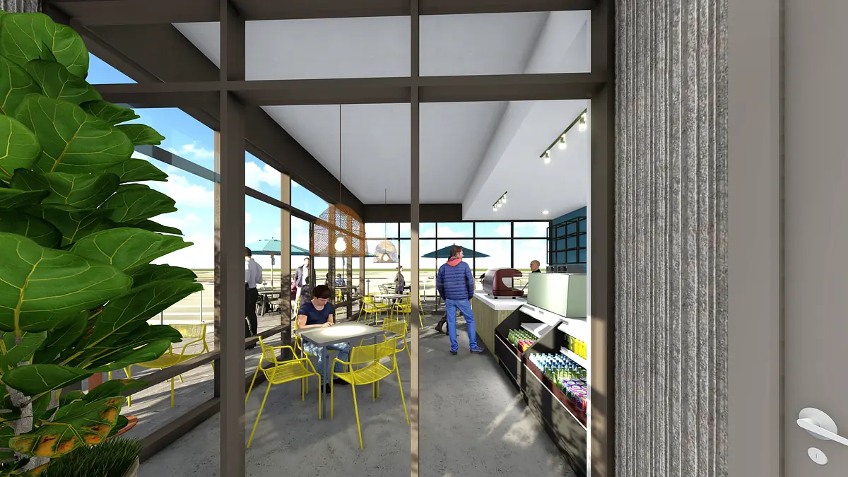 Dining room with white table, yellow chairs, glass windows, and a drinks bar in the background.