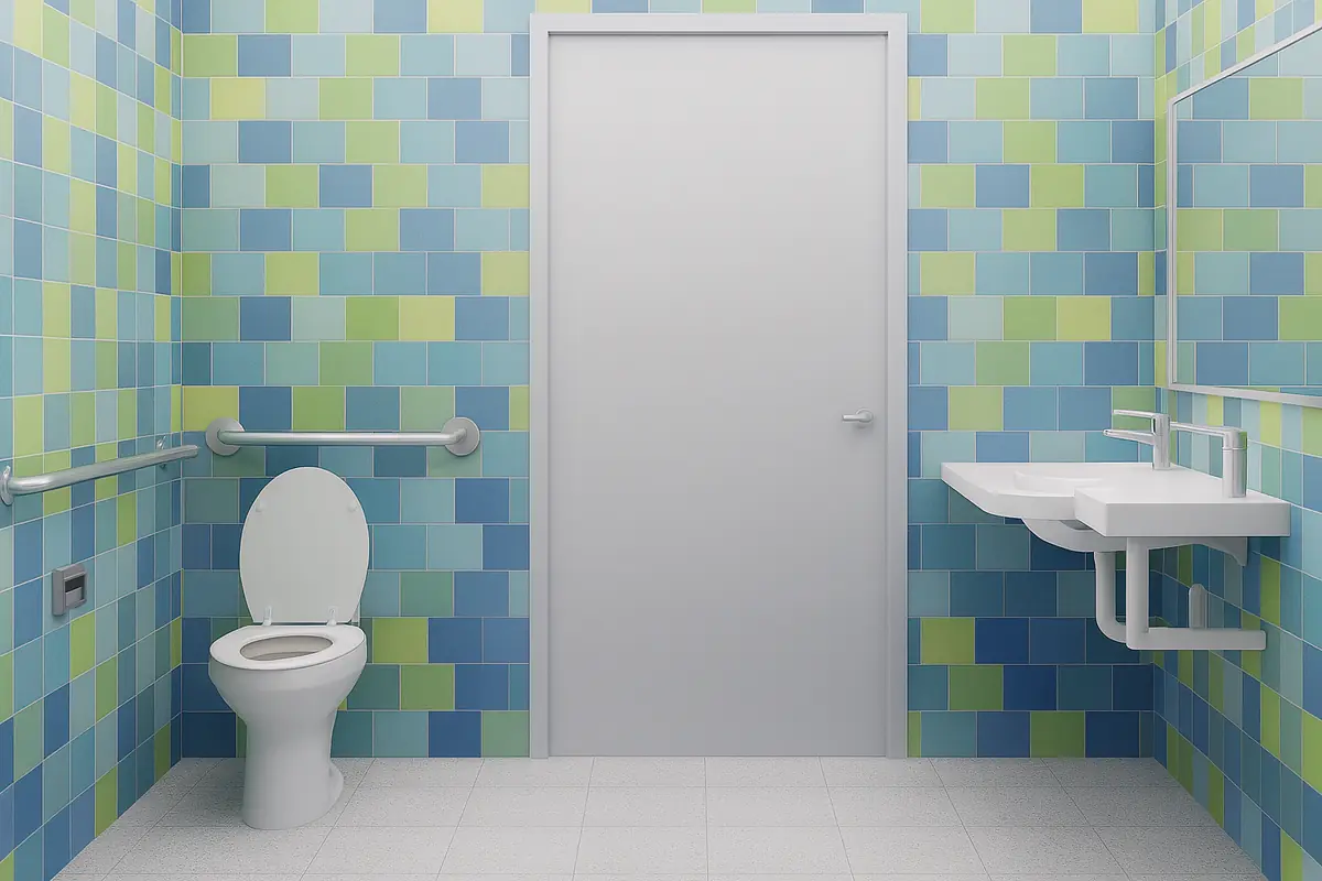 Bathroom with blue and green tiled walls, white toilet, dual sinks, and safety grab bars.