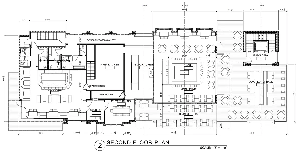 Second floor plan featuring club room, dining area, outdoor terrace, and entry lobby.