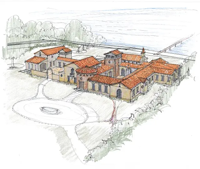 Aerial sketch of a Mediterranean-style estate with red roofs and landscaped gardens