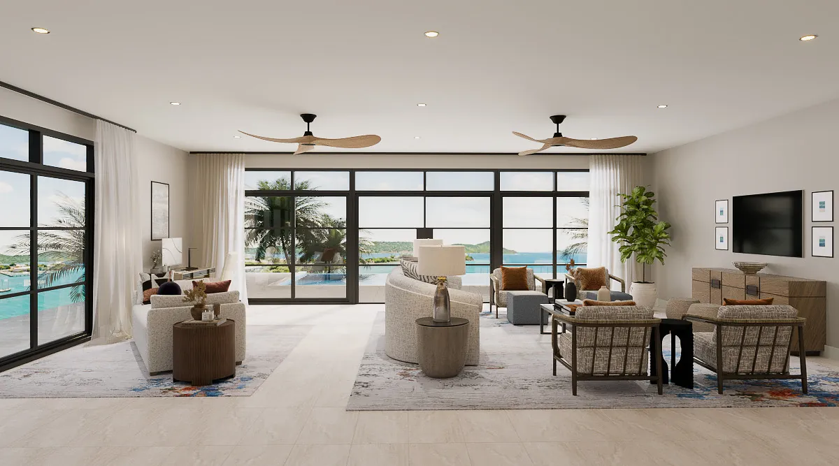 Living room with large windows, sectional sofa, accent chairs, coffee table, and indoor plant with area rugs.