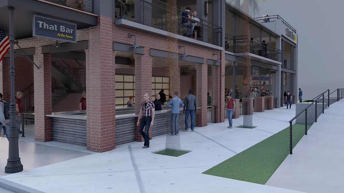 Exterior front area with brick bar, outdoor seating, concrete pathways, and palm trees with steps and railing.