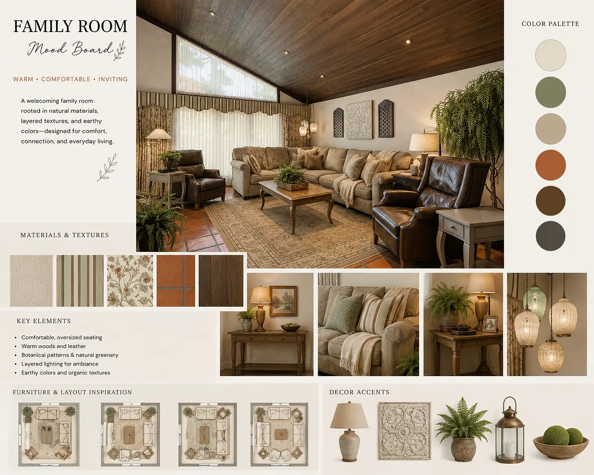 Family room with leather sofa, armchairs, coffee table, area rug, and wooden ceiling with beams.