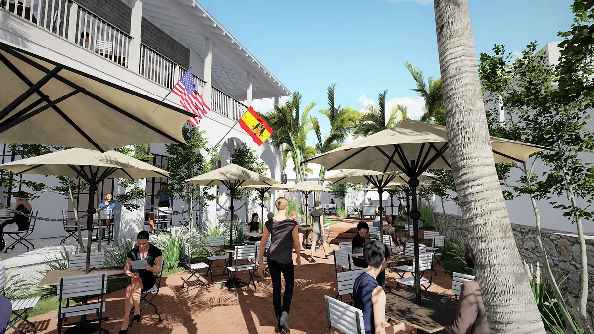 Outdoor patio with tables, umbrellas, chairs, plants, and palm trees, featuring a brick pathway and flags.