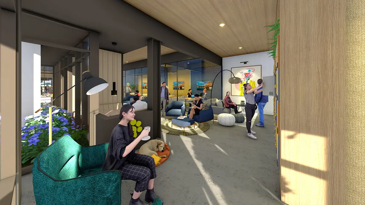 Living room with teal sofa, round coffee table, seating variety, natural light, and wood paneling