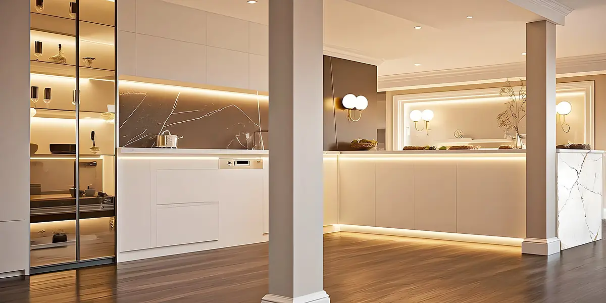 Kitchen with marble-patterned cabinetry, display cabinet, bar stools, countertop, and recessed lighting.