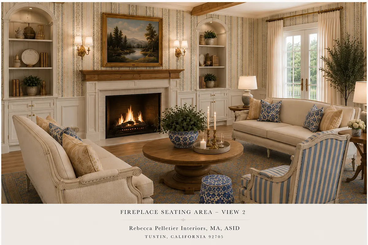 Living room with two sofas, round coffee table, fireplace, bookshelves, and large windows.