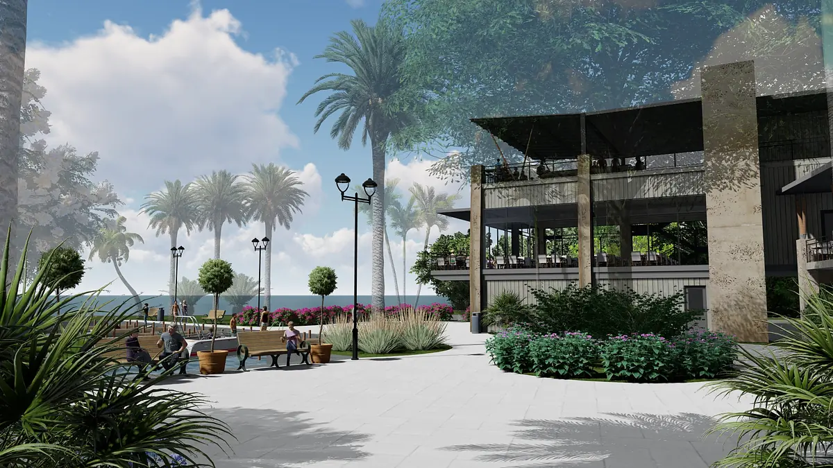 Patio with benches, planters, trees, and a waterfront view on paved flooring.