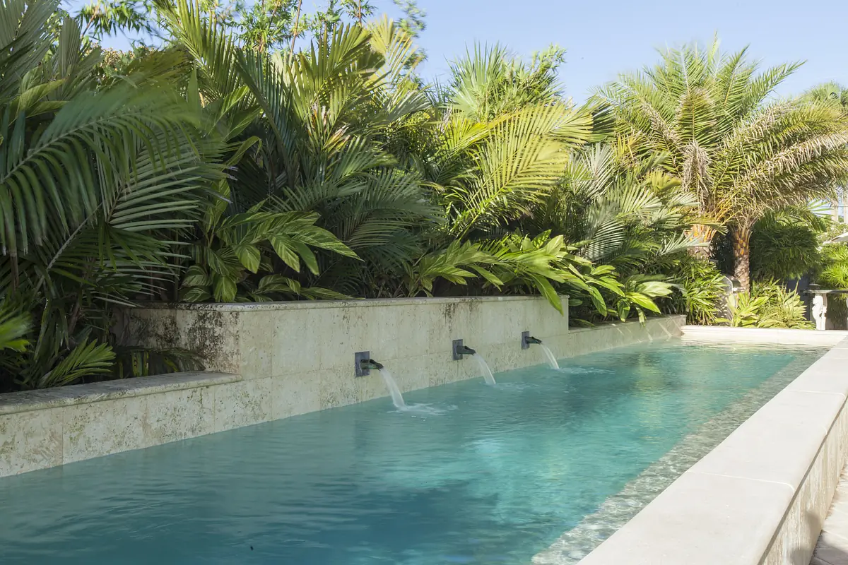 Garden with narrow pool, water features, and various tropical plants and palm trees.