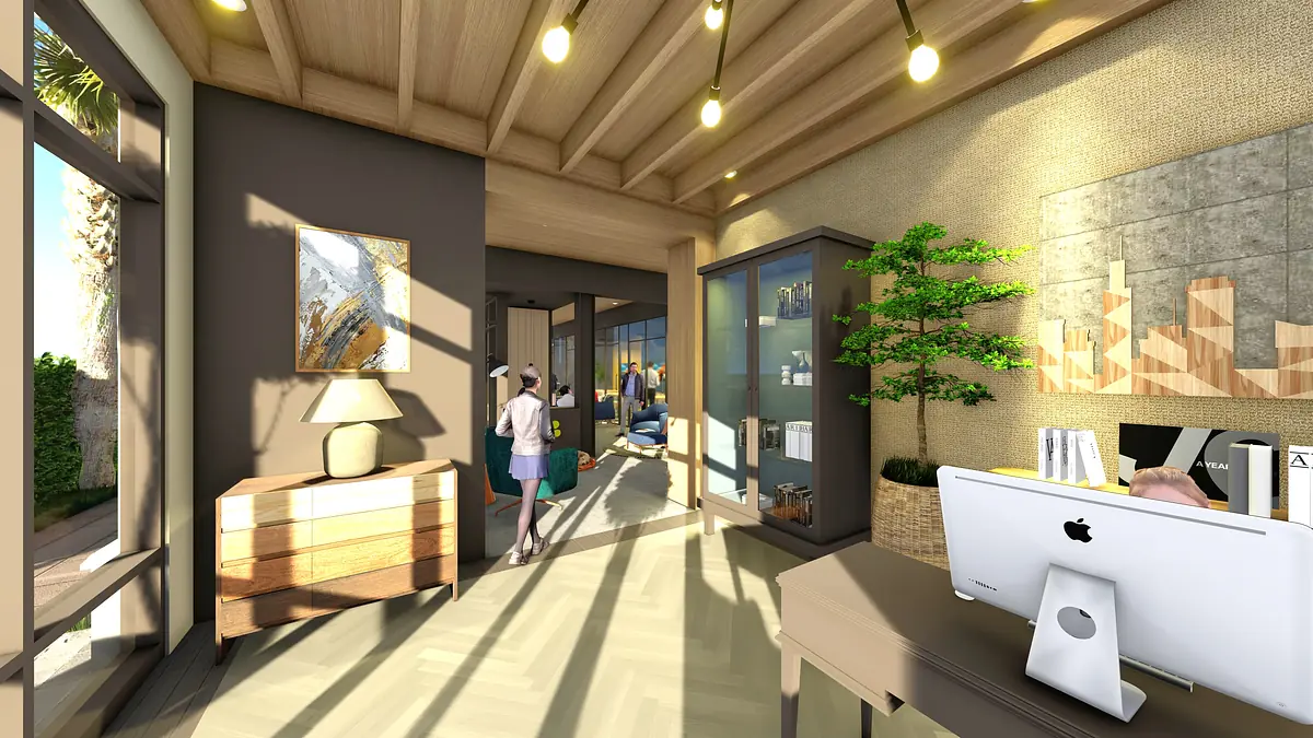 Office with wooden desk, computer, chairs, lamp, cabinet, plant, and large windows with exposed beams