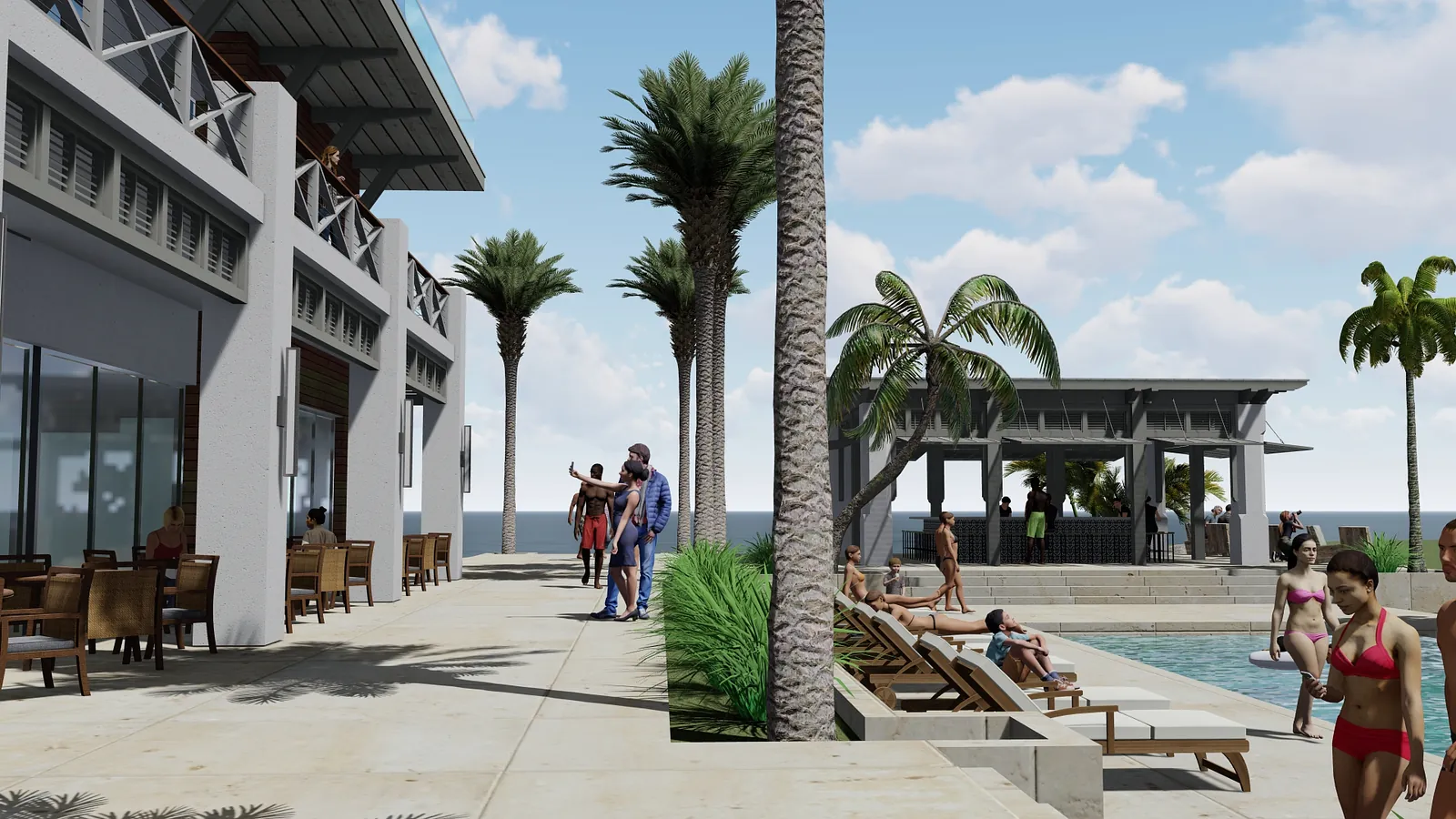 Outdoor area with swimming pool, lounge chairs, palm trees, and a bar area with people gathered.