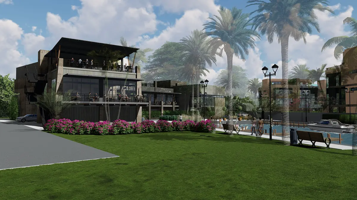 Exterior front area with grass, flowers, palm trees, buildings, benches, and pool.