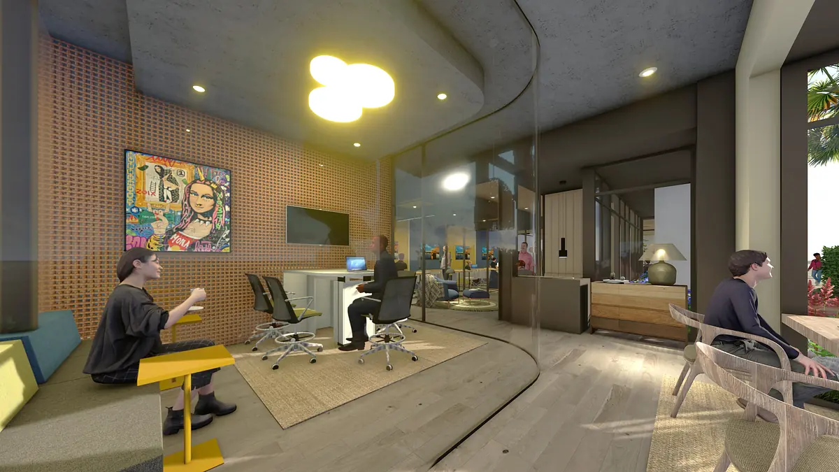 Office space with glass wall, round ceiling fixture, desk, colorful artwork, and seating areas.