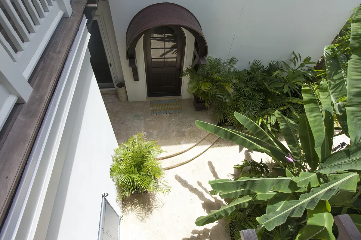 Exterior front area with wooden door, brown awning, potted plants, and banana plants.