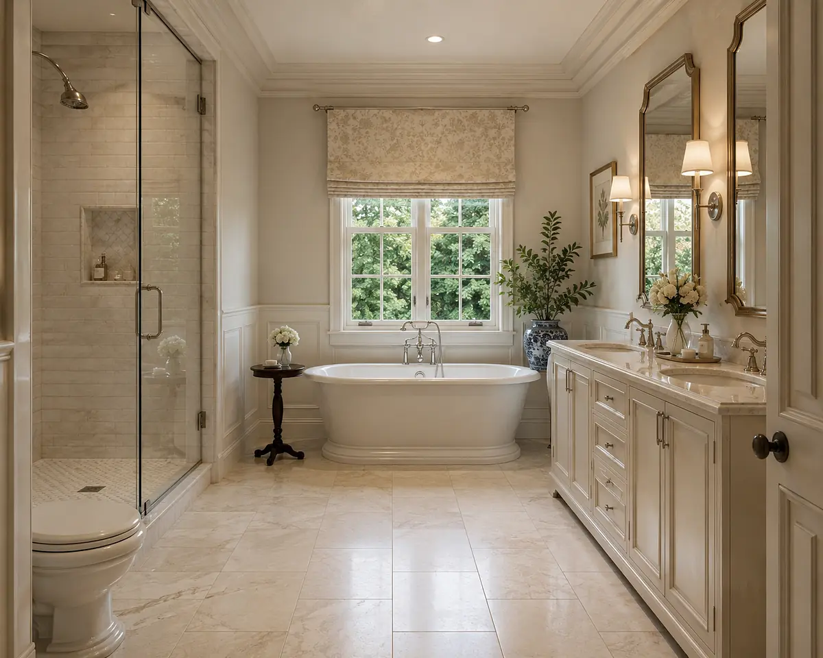 Bathroom with freestanding tub, glass shower, dual vanities, and decorative molding.