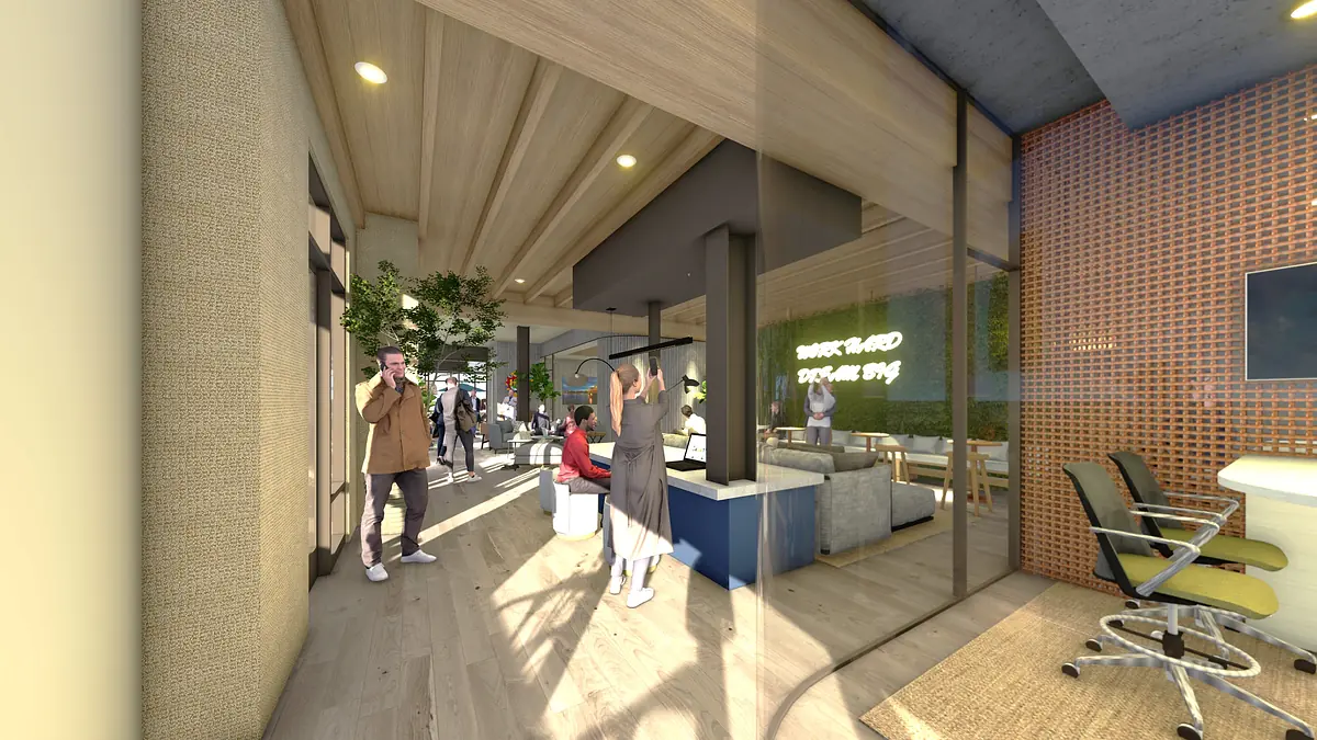 Modern office space with glass panels, wood beams, seating areas, workstations, and plants.