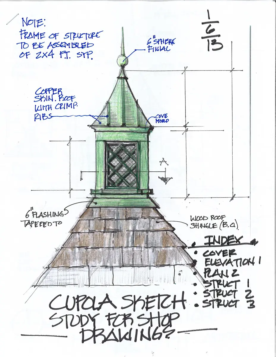 Sketch of a cupola structure with notes on assembly and materials.