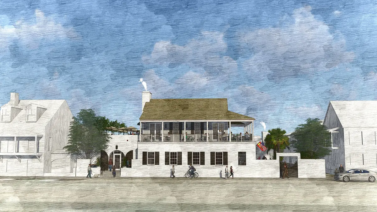 Exterior front view of a house with porch, gabled roof, white facade, and flag, with pedestrians on the path.