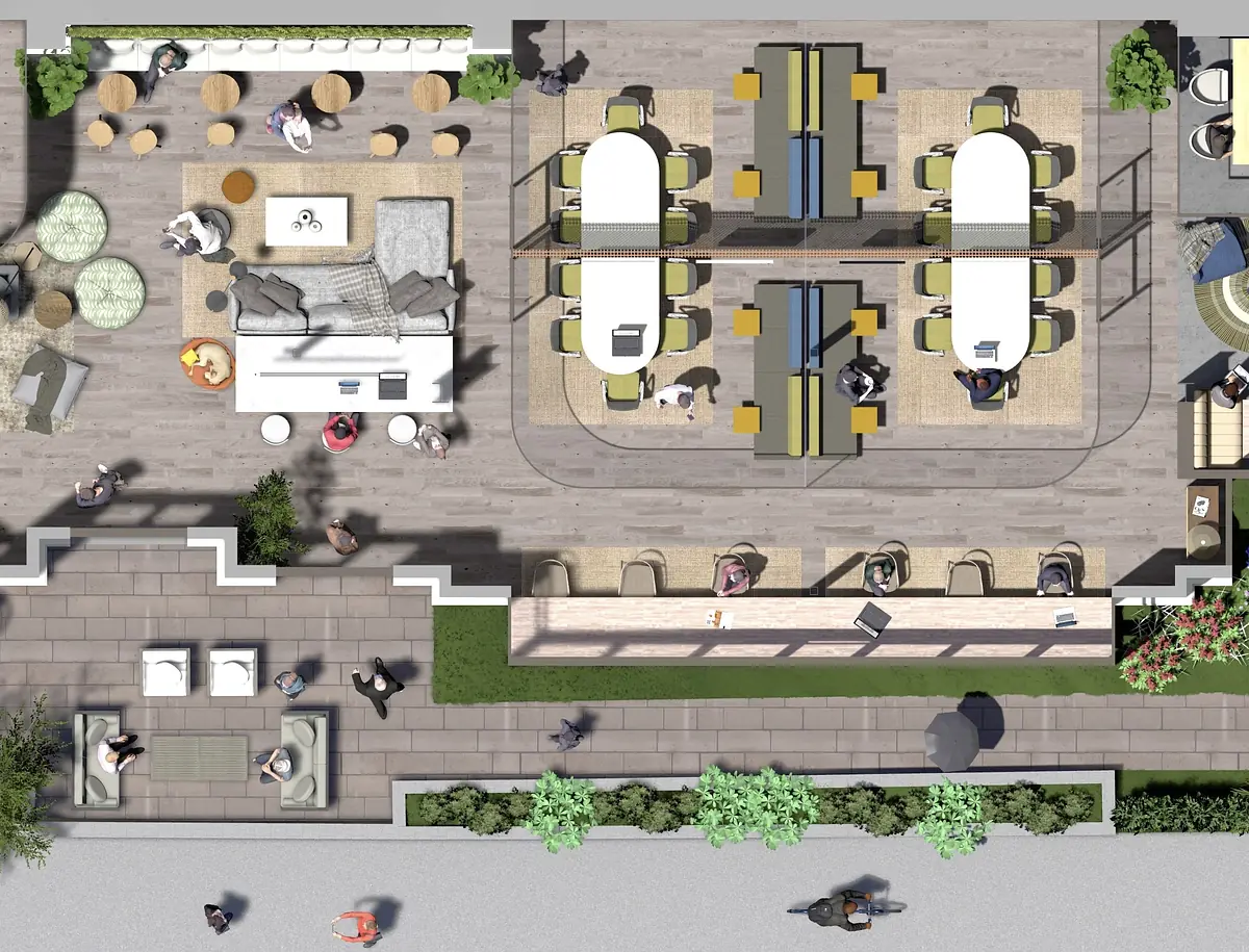 Outdoor patio with seating arrangements, bar counter, lounge chairs, stone flooring, and surrounding greenery.