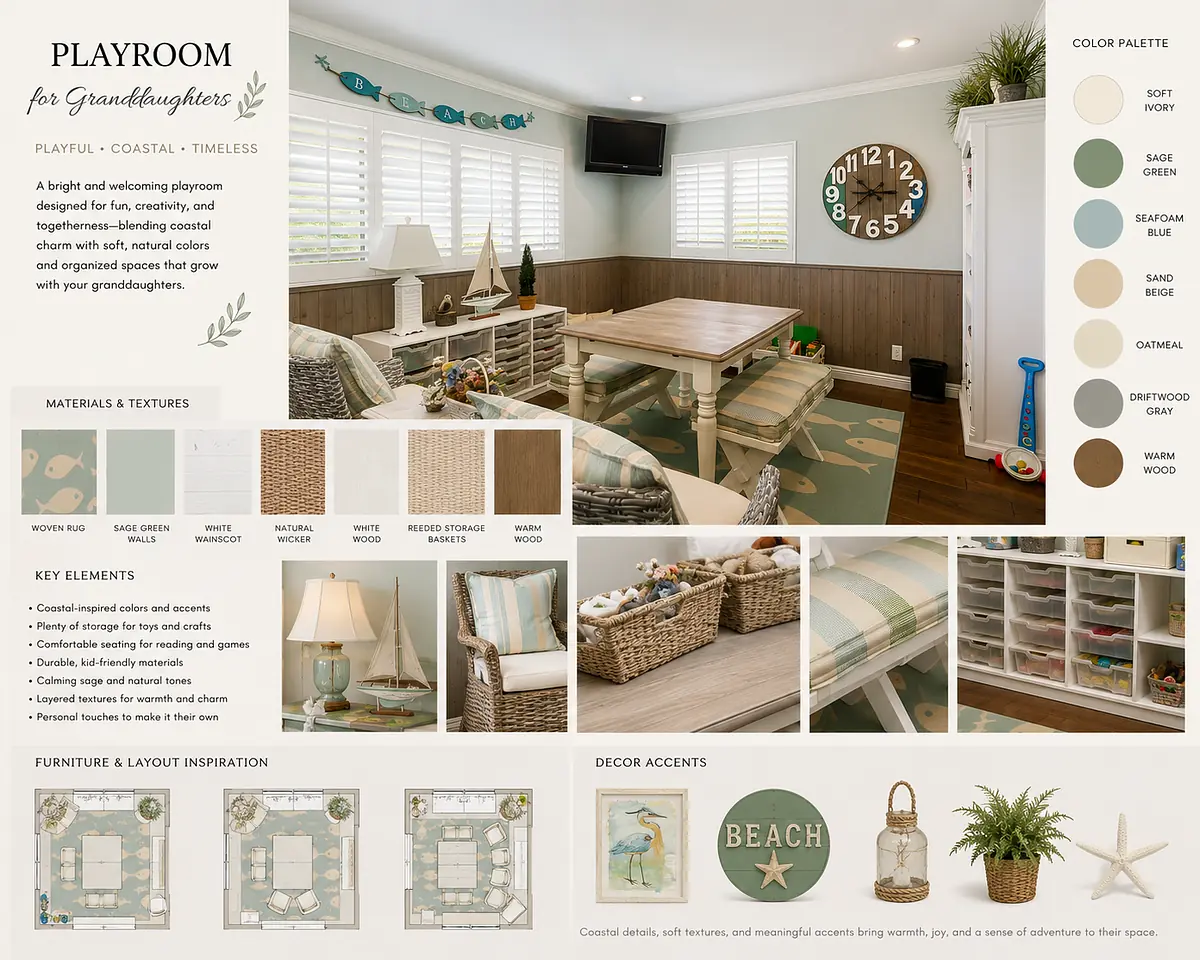Playroom with seating area, storage bins, coastal decor, and large wall clock.