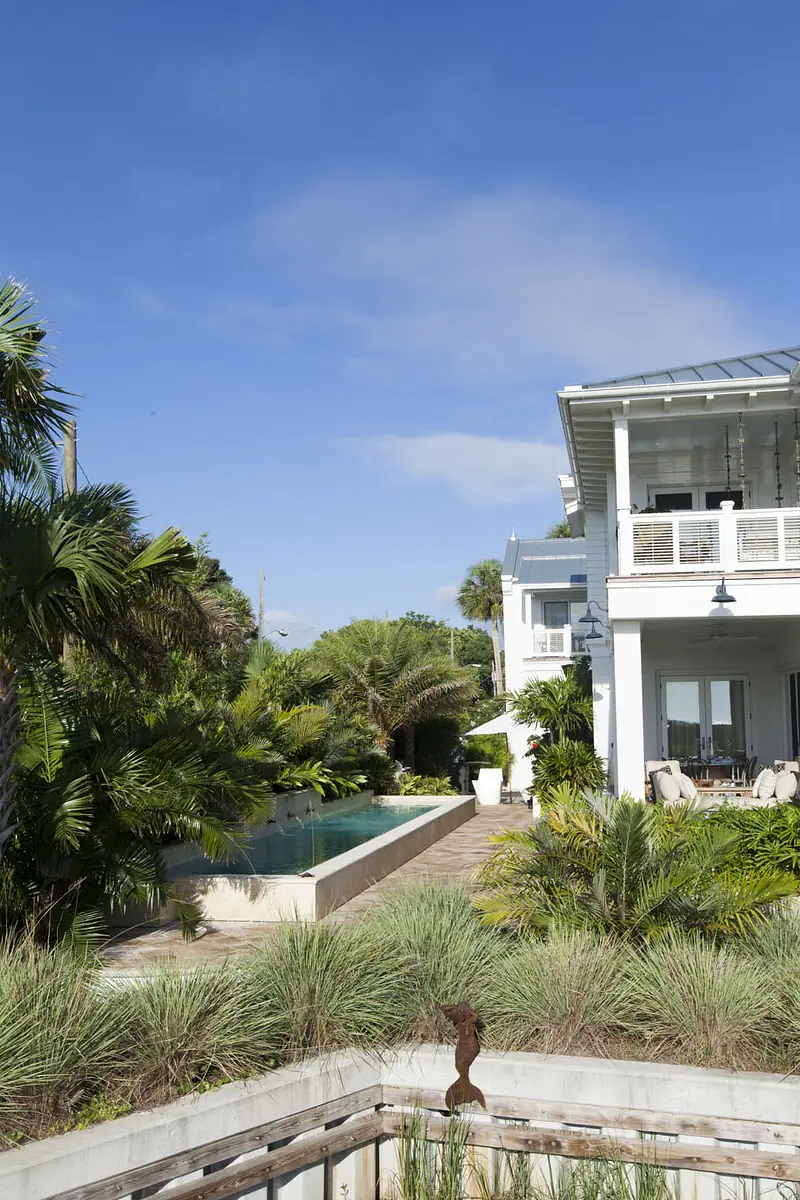 Outdoor area with swimming pool, plants, palm trees, grass, and a modern house with a balcony and metal roof.