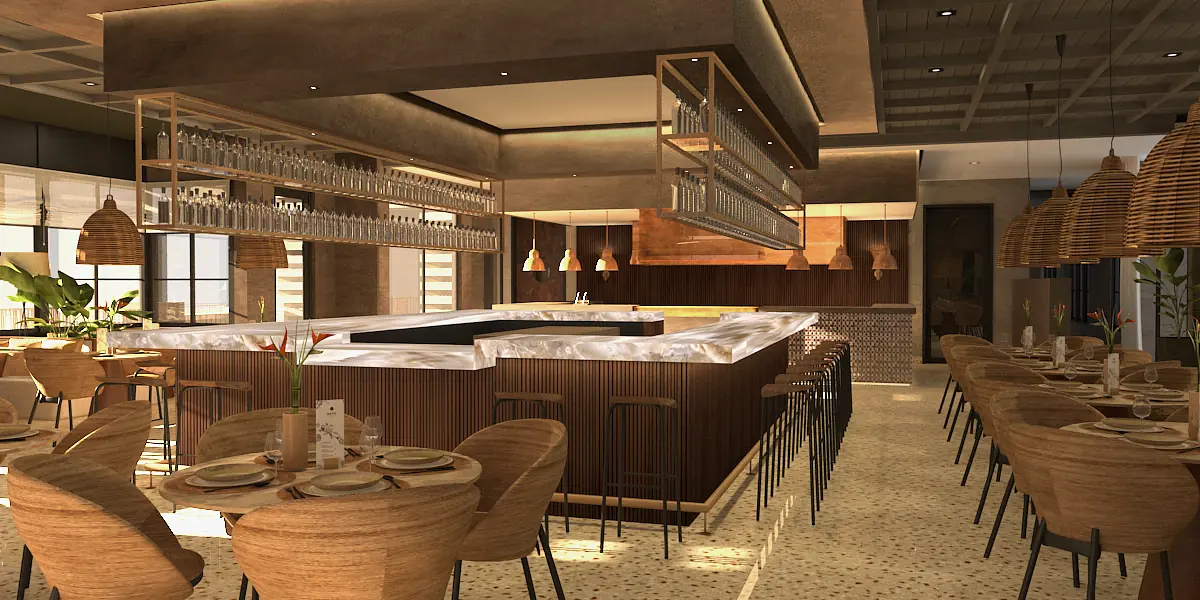 Dining room with marble-top bar, wooden tables, rattan chairs, glassware, plants, and pendant lights.